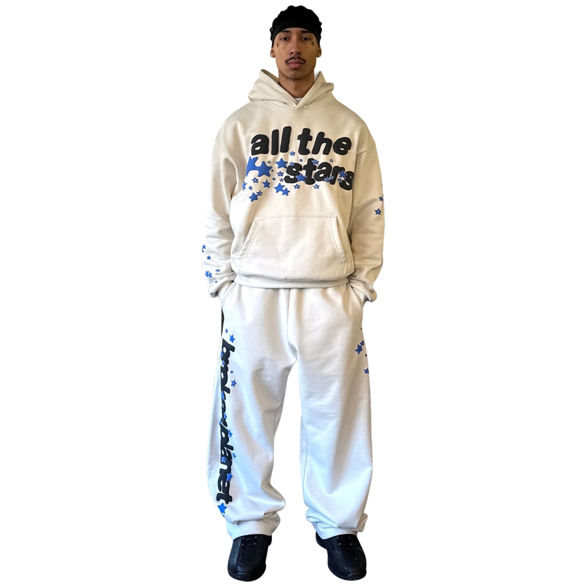 Model front view of Broken Planet All The Stars Ivory White Hoodie BP-JAN25-HD-I_WHITE